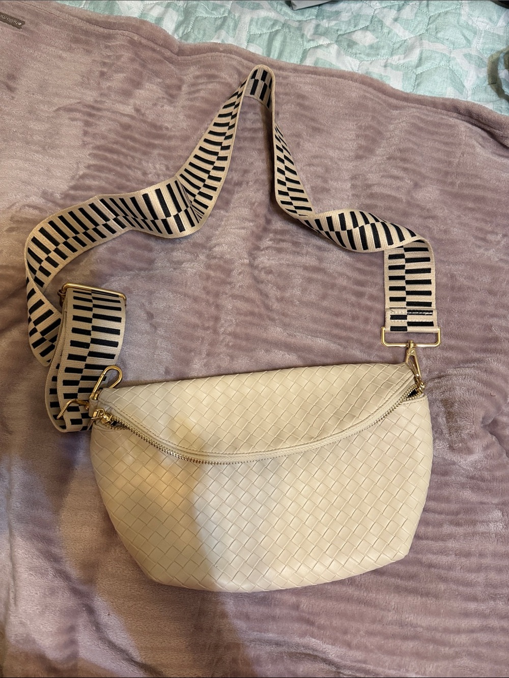 Cream Woven Crossbody Bag with Removable Patterned Strap